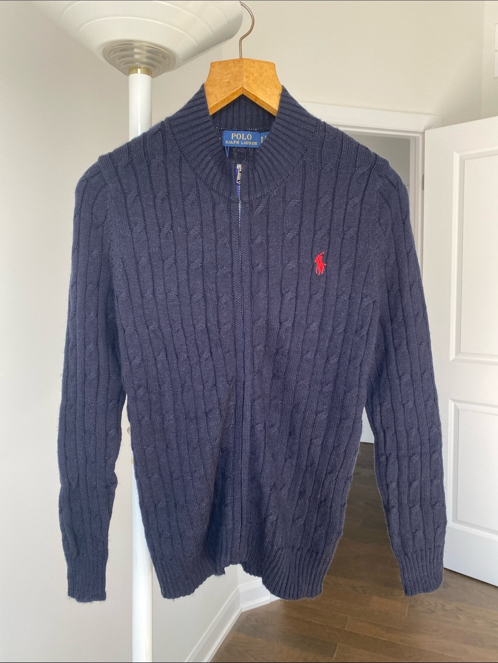 Polo by Ralph Lauren Navy Cable-Knit Full-Zip Sweater with Red Pony - Picture 2 of 6